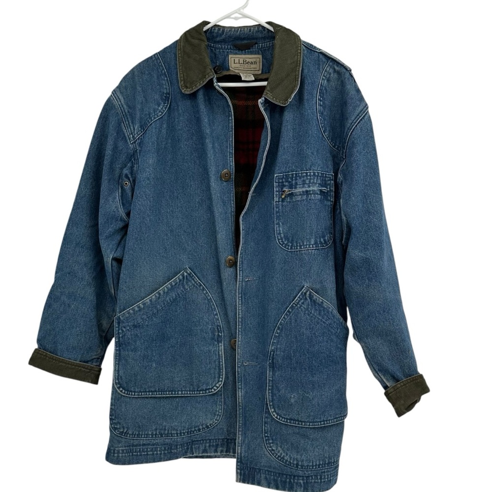 Vintage Rare LL Bean Denim Chore Coat Distressed Blanket Lined Corduroy Collar M